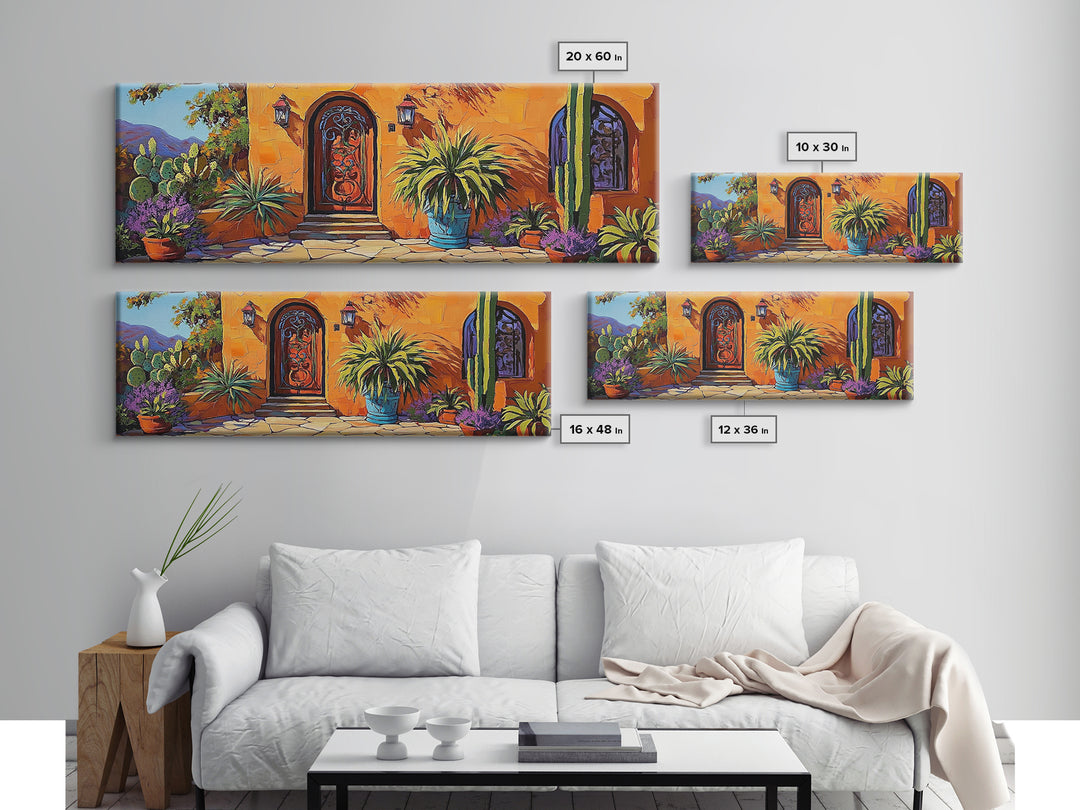 Desert Doorway, Cactus House, Warm Entryway, Framed Canvas Print, Southwest Wall Art, Rustic Kitchen Decor, Boho Style Exterior Scene