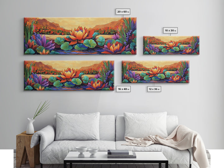 Lotus Bloom, Tranquil Pond, Sunset Flowers, Framed Canvas Print, Zen Wall Art, Yoga Studio Decor, Nature Inspired Floral Painting