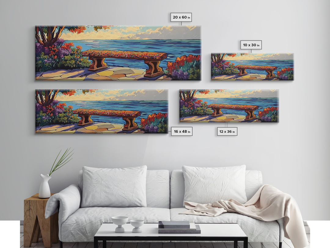 Ocean Bench Scene, Tranquil Moment, Sunset by Sea, Nature Retreat, Canvas Print, Beach House Decor, Impressionist Coastal Wall Art