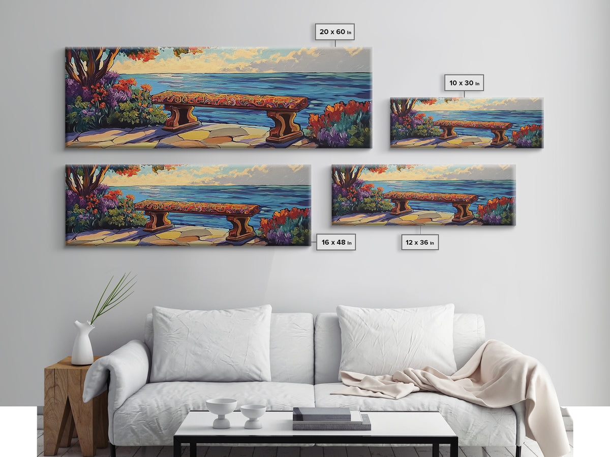 Ocean Bench Scene, Tranquil Moment, Sunset by Sea, Nature Retreat, Canvas Print, Beach House Decor, Impressionist Coastal Wall Art