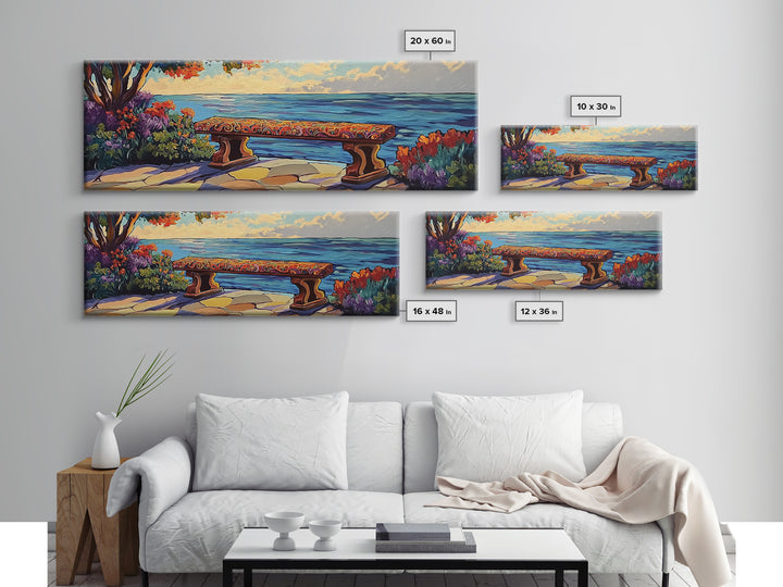 Ocean Bench Scene, Tranquil Moment, Sunset by Sea, Nature Retreat, Canvas Print, Beach House Decor, Impressionist Coastal Wall Art