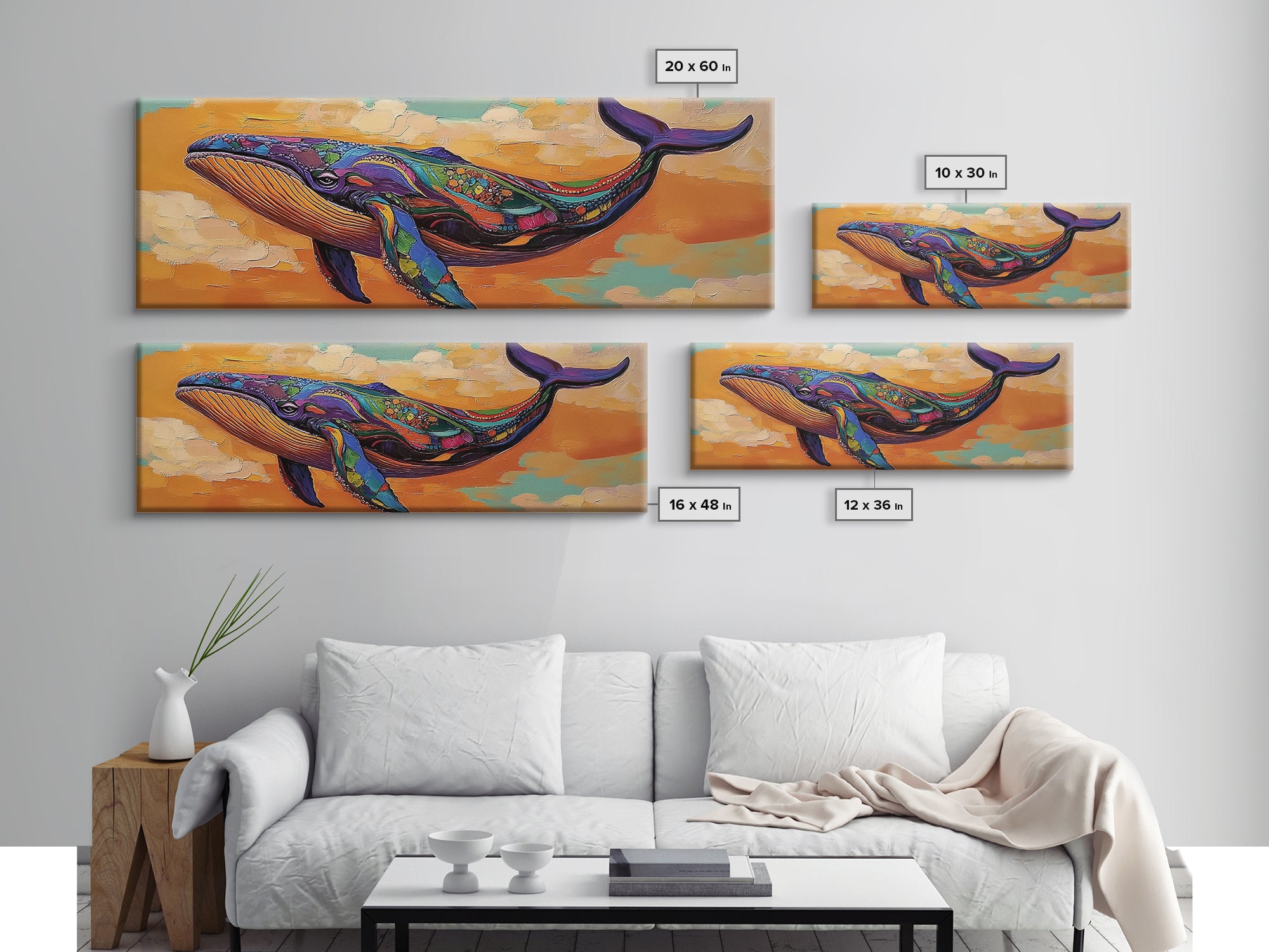 Colorful Whale Art, Ocean Animal, Abstract Sea Life, Nautical Decor, Canvas Print, Coastal Nursery Wall Art, Boho Sea Creature