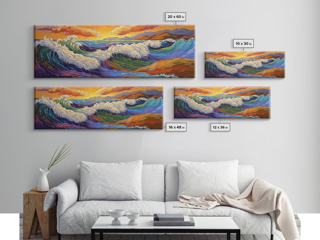 Crashing Waves, Vibrant Seascape, Ocean Energy, Coastal Sunset, Framed Canvas Print, Beach House Decor, Modern Nautical Art