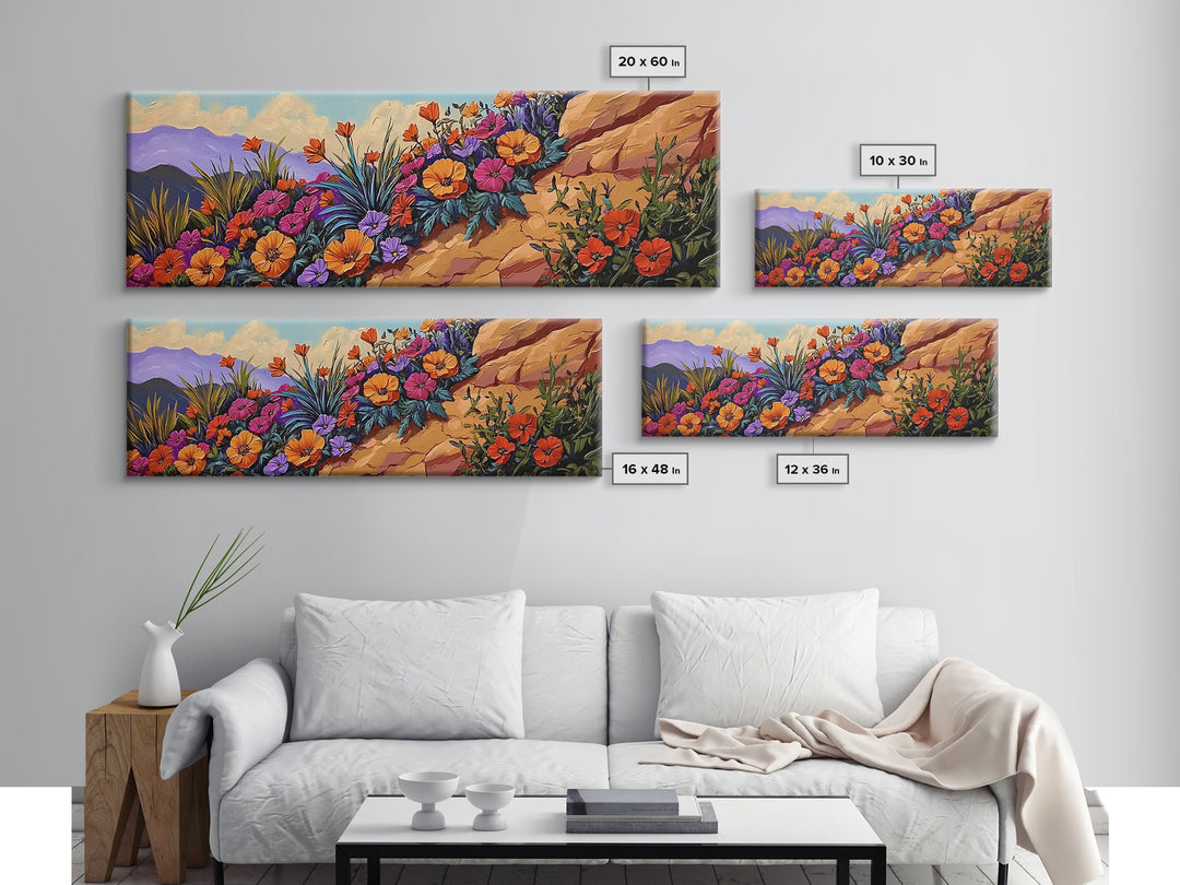 Coastal Flowers, Sunset Hillside, Wildflower Art, Framed Canvas Print, Vibrant Landscape Wall Decor, Living Room Boho Wall Art