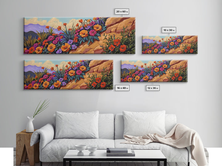 Coastal Flowers, Sunset Hillside, Wildflower Art, Framed Canvas Print, Vibrant Landscape Wall Decor, Living Room Boho Wall Art