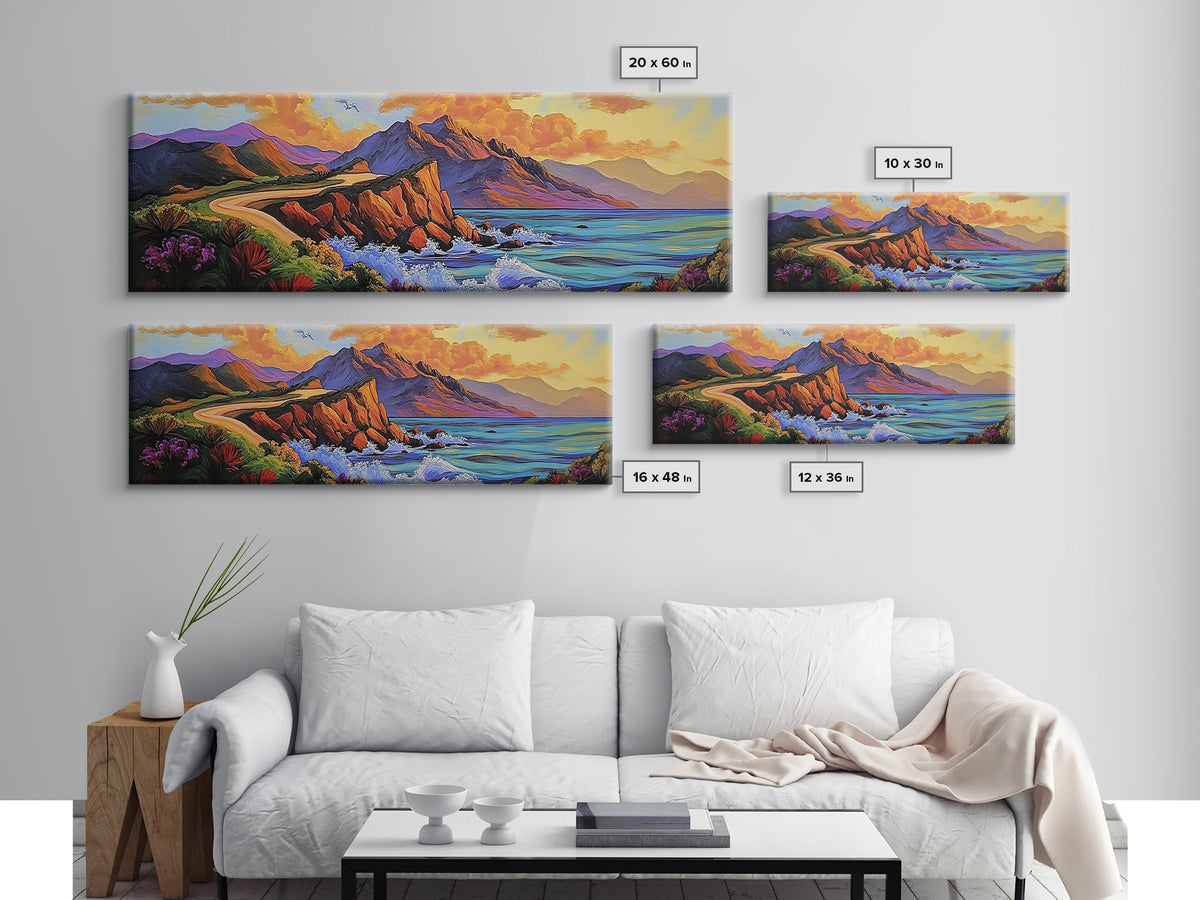 Cliffside Drive, Sunset Coast, Dramatic Ocean Scene, Framed Canvas Print, Coastal Wall Art, Office Accent Art, Bold Color Landscape