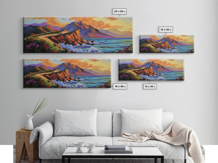 Cliffside Drive, Sunset Coast, Dramatic Ocean Scene, Framed Canvas Print, Coastal Wall Art, Office Accent Art, Bold Color Landscape