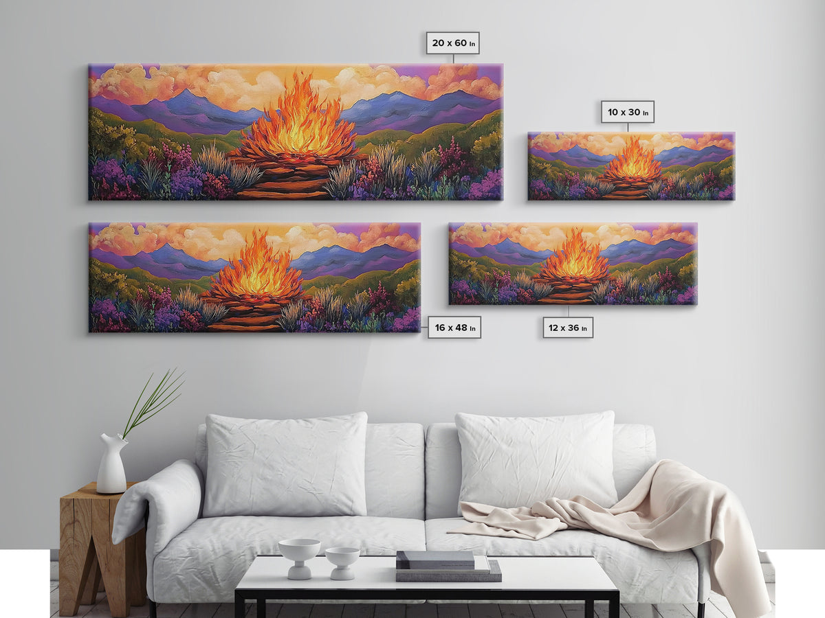 Dramatic Bonfire Night, Vibrant Flame in Hills, Scenic Nature Wall Art, Framed Canvas Print, Fall Lodge Decor, Rustic Landscape Artwork