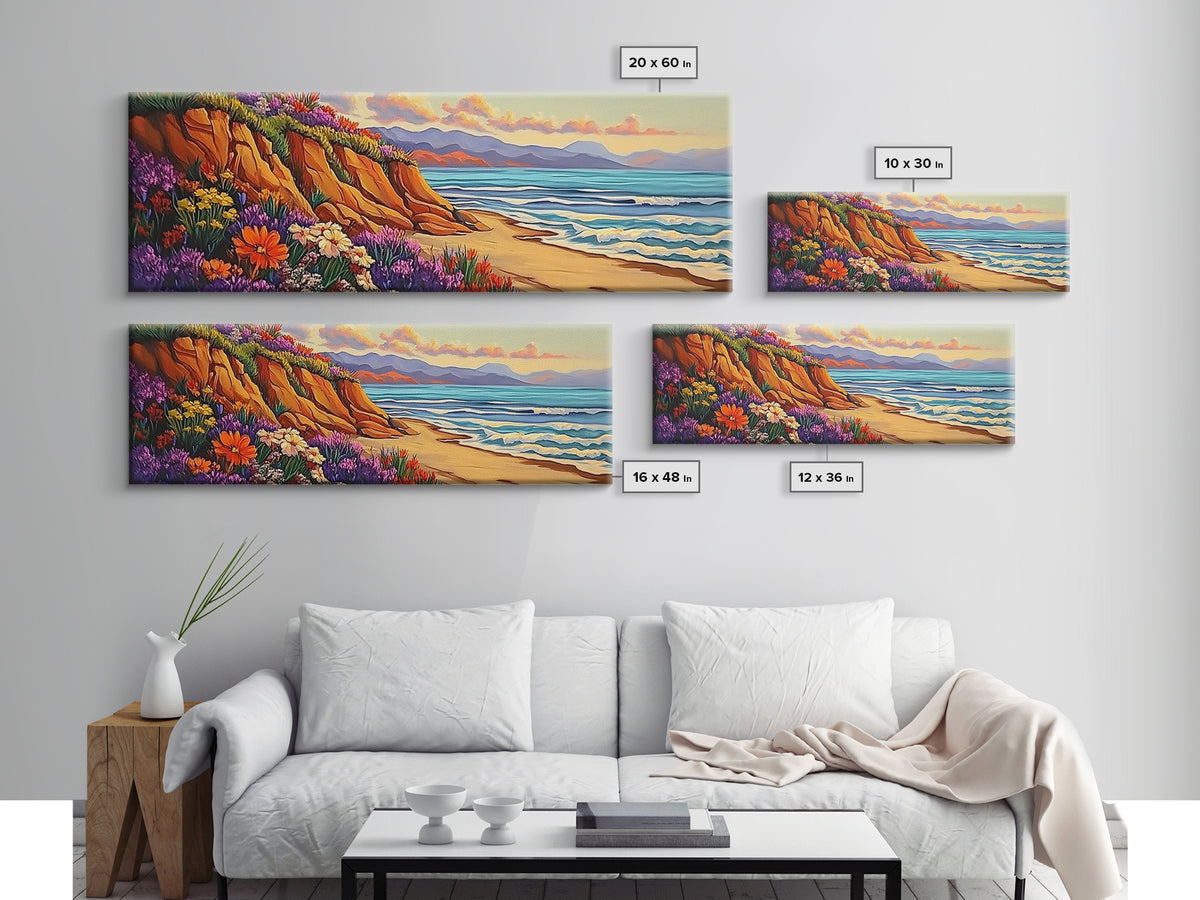 Cliffside Flowers, Ocean Waves, Sunset Coast, Canvas Print, Vibrant Coastal Wall Art, Bedroom or Bathroom Decor, Bohemian Beach Art