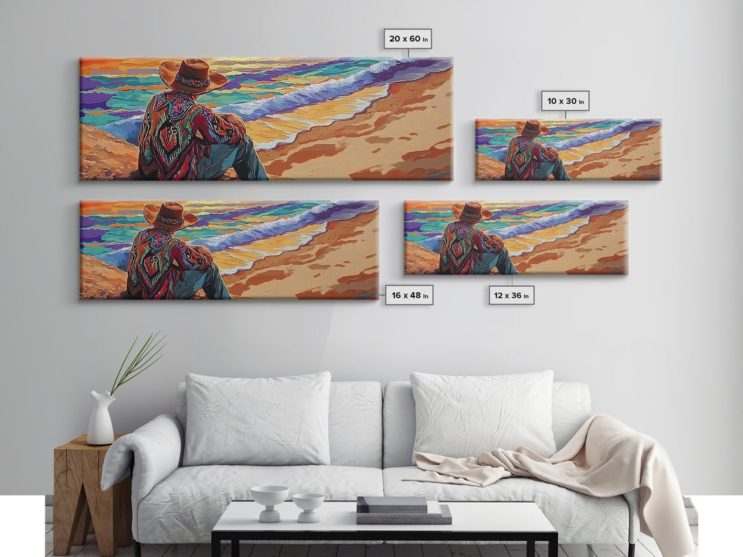 Coastal Cowboy, Ocean View, Serene Sunset, Western Art, Canvas Print, Living Room Wall Art, Southwestern Vibes, Beach Cowboy Scene
