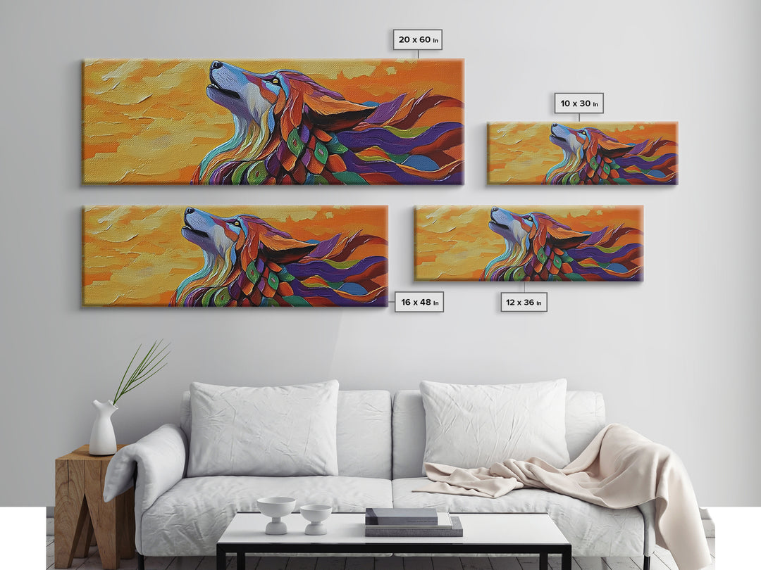 Colorful Wolf, Spirit Animal, Autumn Sky, Boho Vibes, Framed Canvas Print, Eclectic Wall Art, Bedroom Accent, Mystical Animal Painting