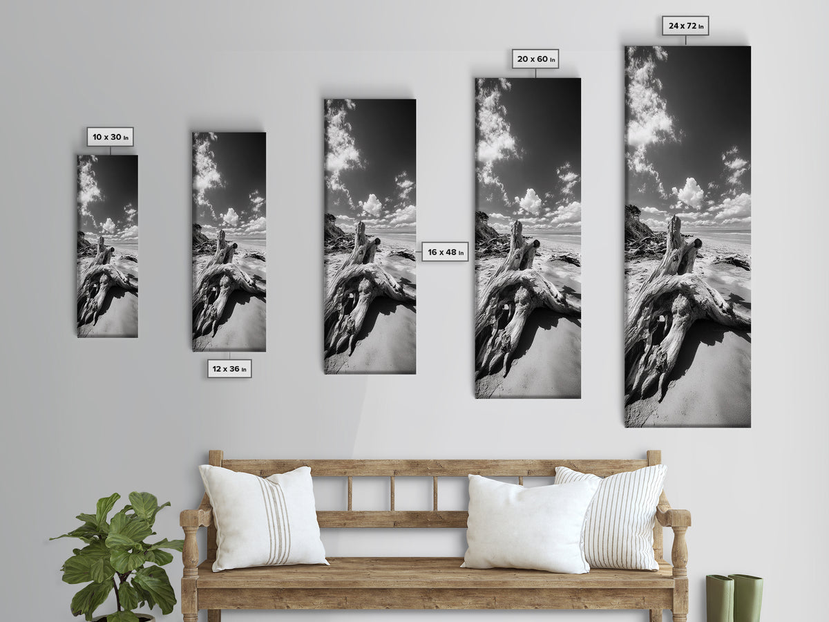 Coastal Driftwood, Sandy Beach, Ocean View, Rustic Style, Canvas Print, Fall Wall Art, Bathroom Decor, Nature Photography Art