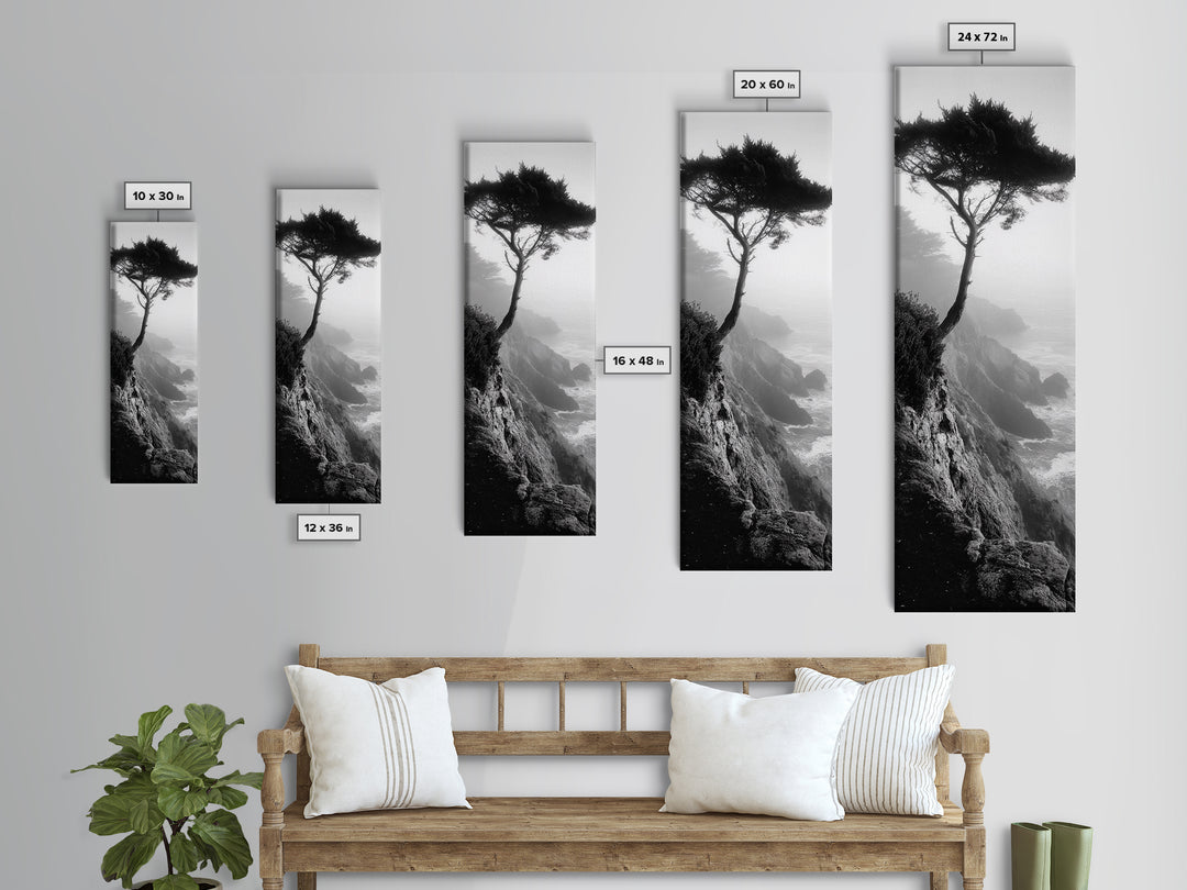 Coastal Tree, Cliff View, Ocean Mist, Moody Landscape, Canvas Print, Serene Bedroom Art, Monochrome Nature Photography Style