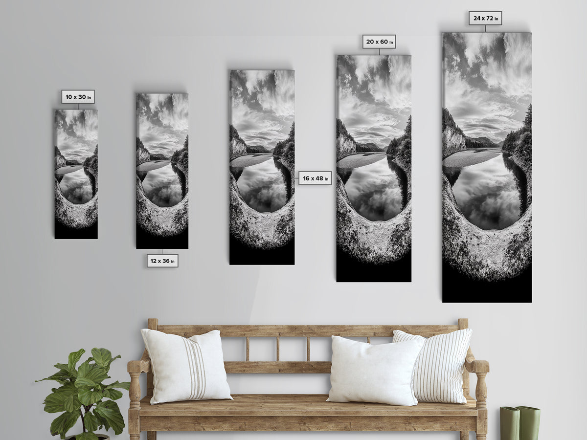 Black and White River, Forest Nature Scene, Reflection Wall Art, Framed Canvas Print, Neutral Landscape, Minimalist Bedroom Decor