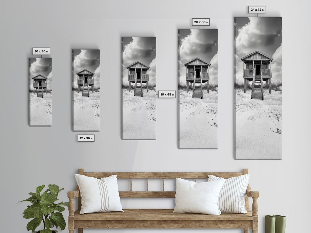 Beachfront Cabin, Rustic Shack, Seaside Simplicity, Cloudy Sky, Island Life, Framed Canvas Print, Entryway Wall Art, Coastal Farmhouse Decor