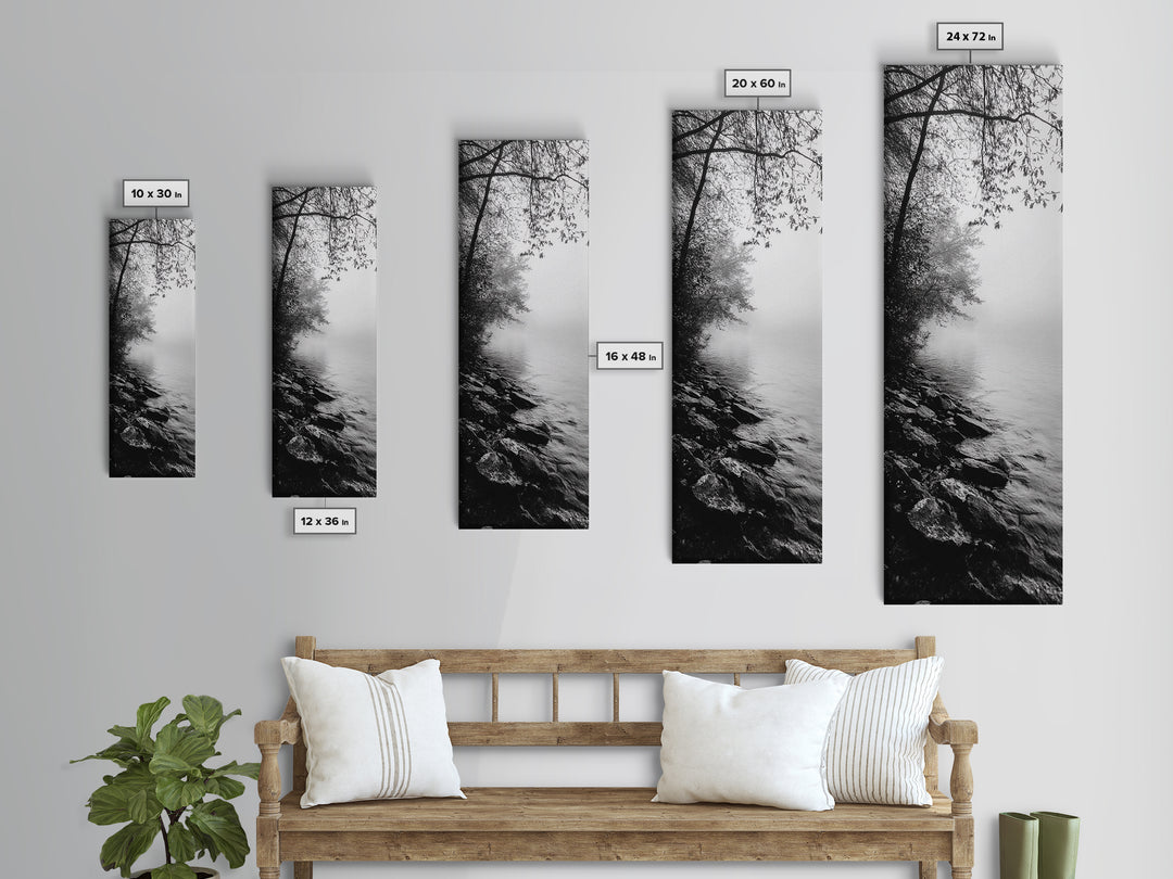 Lakeside Mist, Rocky Shoreline, Tranquil Forest, Framed Canvas Print, Peaceful woodland wall art, Fall neutral decor, Nature themed office print