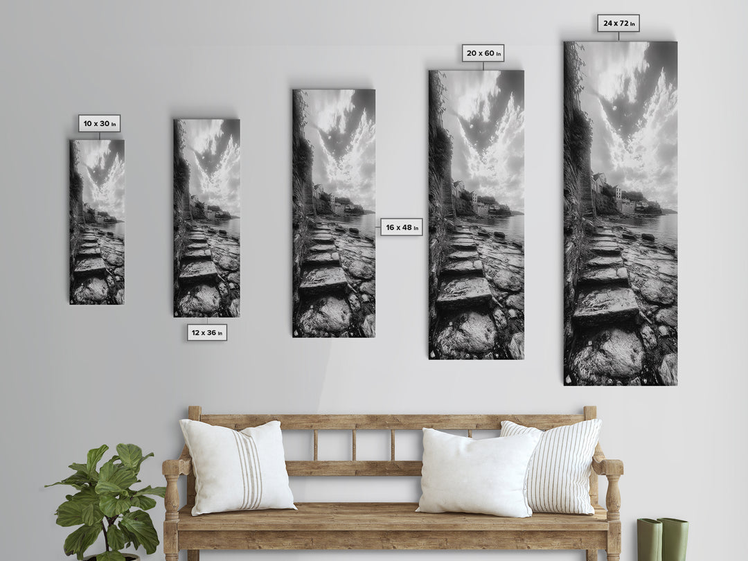 Cliffside Village, Stone Path, Seaside Escape, Dreamy Landscape, Canvas Print, Living Room Wall Art, Romantic Wall Decor, Monochrome Style