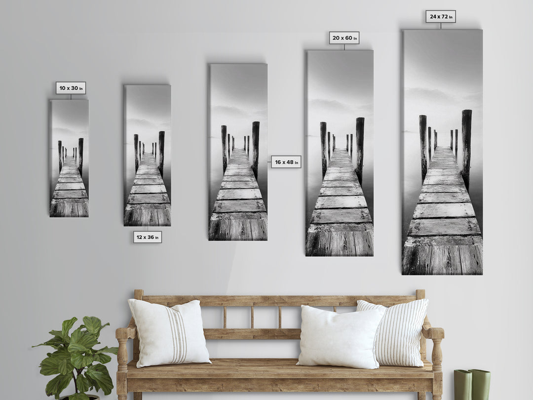 Rustic Dock, Peaceful Lake, Minimal Landscape, Black and White Art, Canvas Print, Tranquil Nature Scene, Entryway Art, Bedroom Wall Art