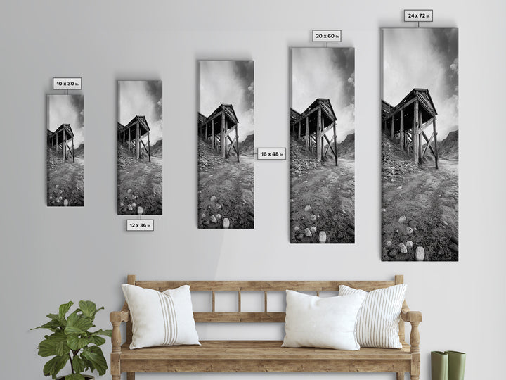 Abandoned Mine, Wooden Structure, Desert Scene, Western Vibes, Black and White Canvas Print, Industrial Rustic Living Room Wall Art