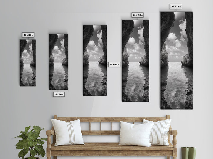 Ocean Cave, Tranquil Waters, Cloudy Sky, Coastal Wall Art, Canvas Print, Black and White Nature Decor, Modern Beach House Wall Art