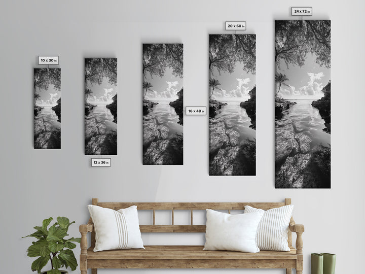 Island Cove, Palm Tree, Peaceful Sea, Tropical Coastline, Black and White Framed Canvas Print, Boho Beach Wall Art, Bathroom Decor