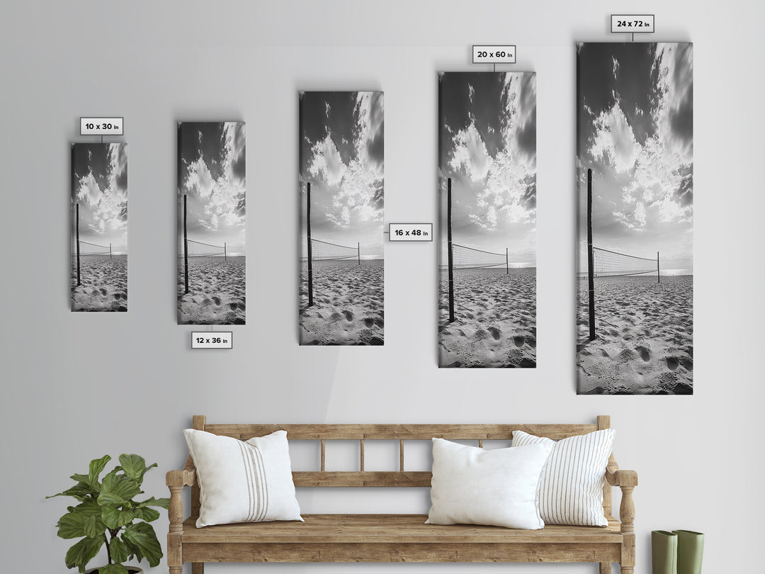 Beach Volleyball, Sandy Court, Summer Games, Ocean Sky, Active Lifestyle, Framed Canvas Print, Game Room Wall Art, Sporty Coastal Art