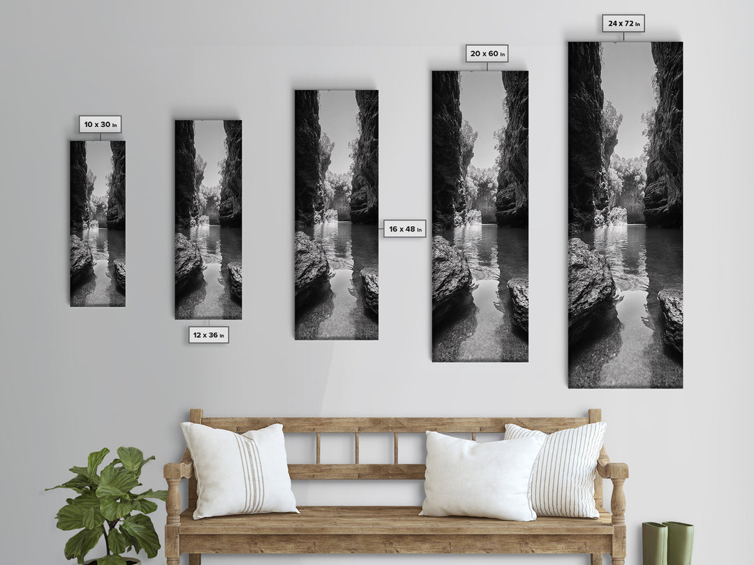 Cliff Canyon, Tranquil Water, Forest Reflection, Natural Pool, Framed Canvas Print, Black and White Nature Art, Spa Print, Hallway Decor