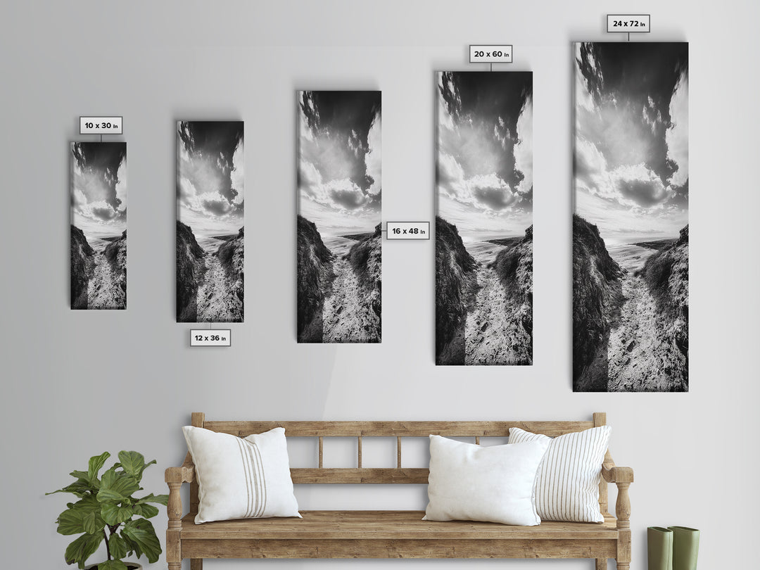 Cliffside Horizon, Beach Escape, Black and White Nature, Framed Canvas Print, Coastal Wall Art, Entryway Decor, Minimalist Aesthetic