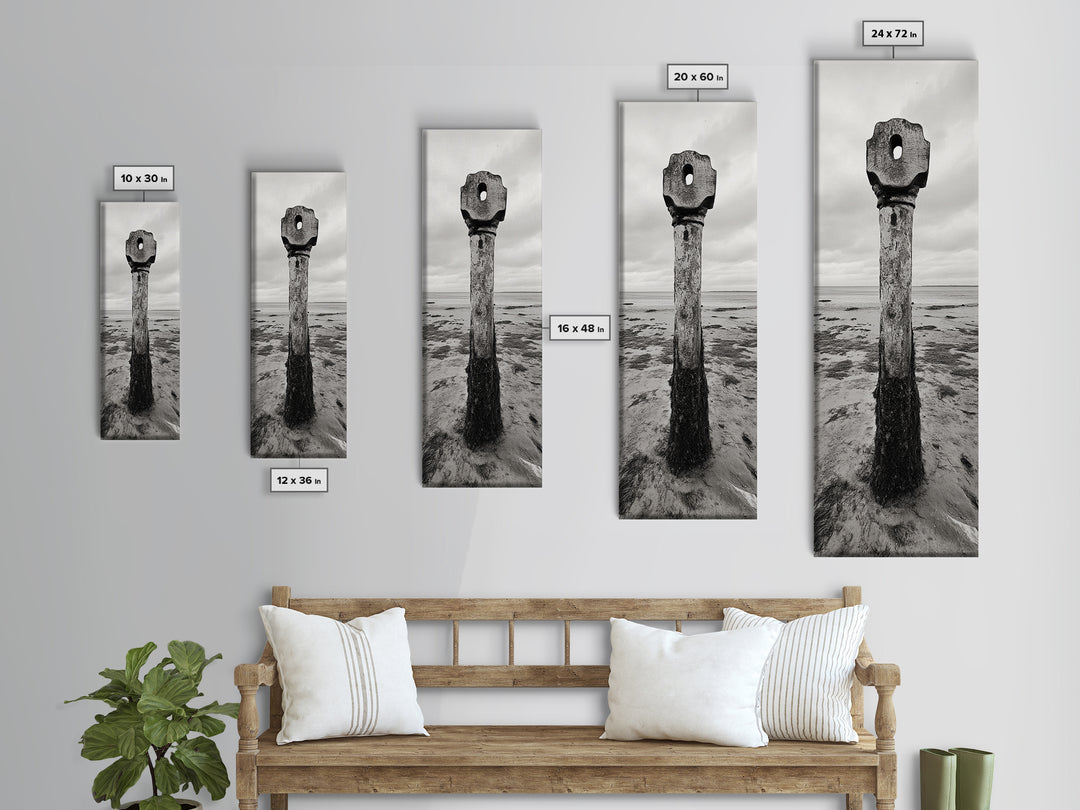 Driftwood Totem, Coastal Pillar, Ocean Beach Monochrome, Framed Canvas Print, Rustic Wall Art, Boho Bedroom Decor, Nature Photography