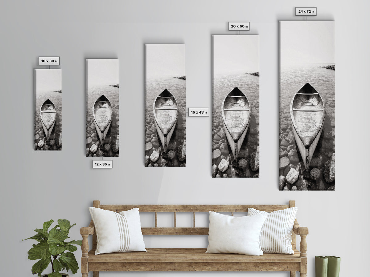 Rowboat Stillness, Peaceful Waters, Lake Canoe, Canvas Print, Entryway Wall Art, Minimalist Home Decor, Black and White Photography