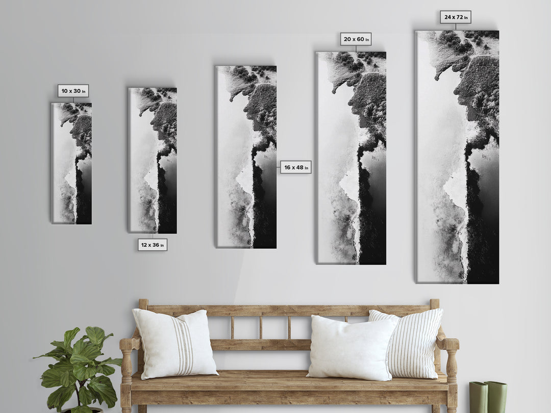 Aerial Coastline, Abstract Shore, Natural Edge, Canvas Print, Modern Living Room Wall Art, Black and White Photography, Coastal Decor