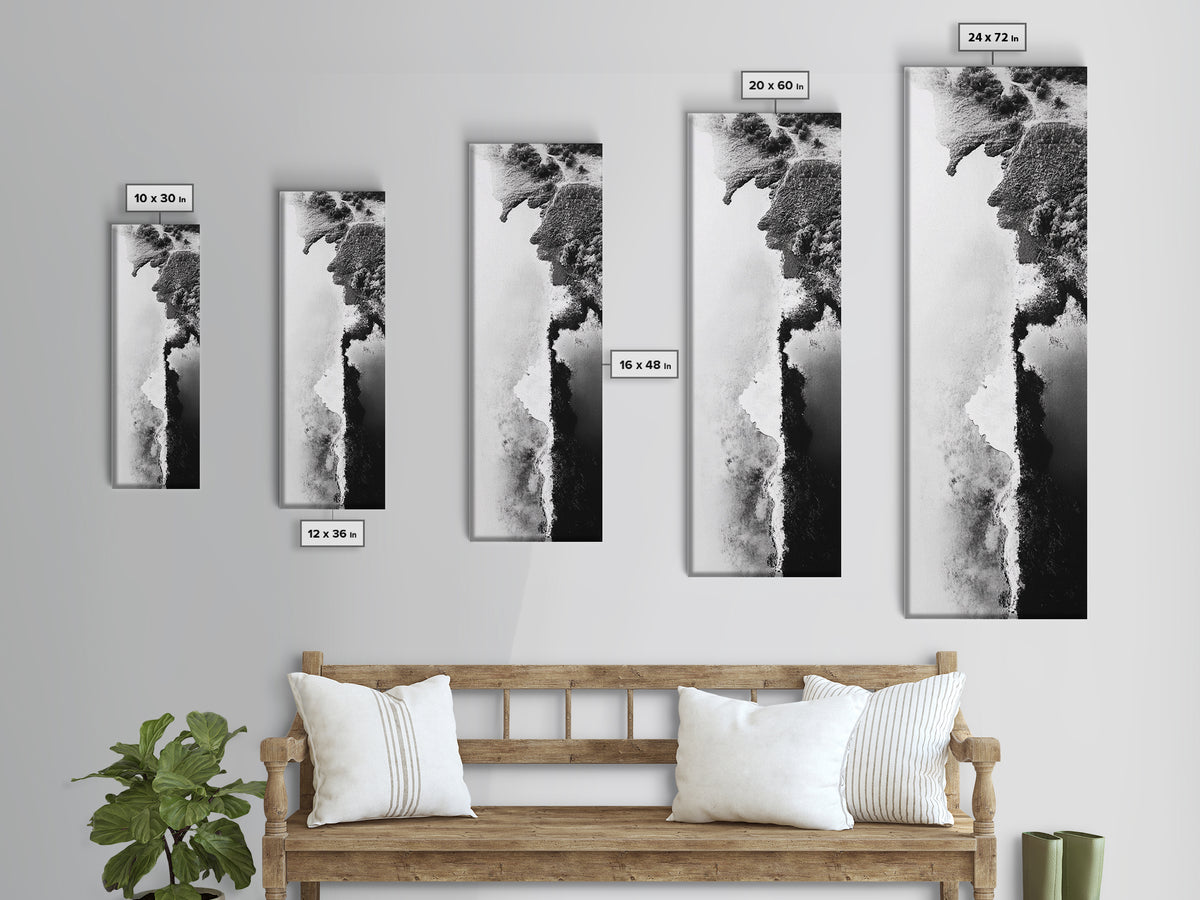 Aerial Coastline, Abstract Shore, Natural Edge, Canvas Print, Modern Living Room Wall Art, Black and White Photography, Coastal Decor