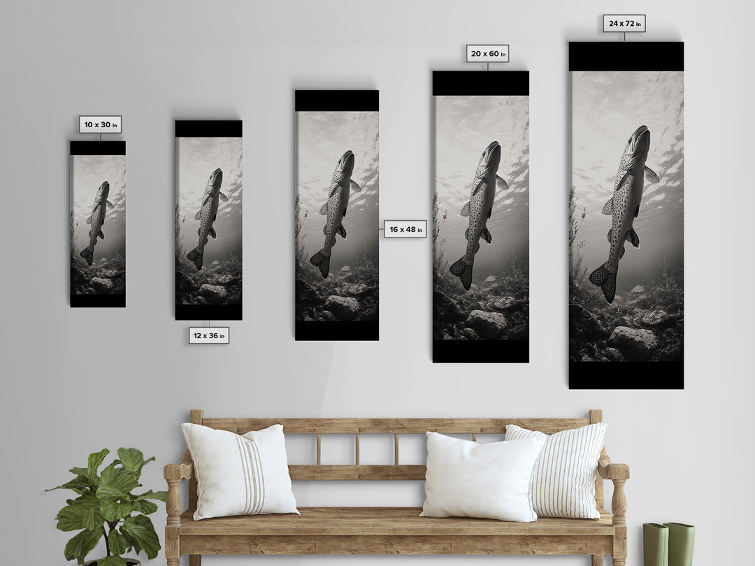 Rising Trout, Underwater Fish, Nature Close-Up, Canvas Print, Cabin Wall Art, Rustic Decor, Fishing Lover Gift, Black and White Art
