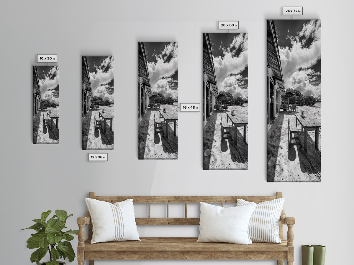 Beach Café Table, Seaside Dining, Rustic Seating, Tropical Getaway, Framed Canvas Print, Kitchen Wall Art, Coastal Rustic Aesthetic