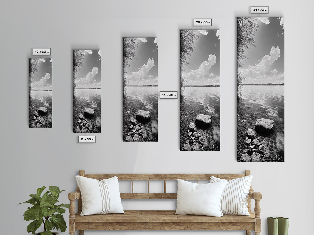 Peaceful Lake, Cloud Reflection, Shoreline Stones, Framed Canvas Print, Guest Room Wall Art, Nature Inspired Decor, Minimalist Landscape