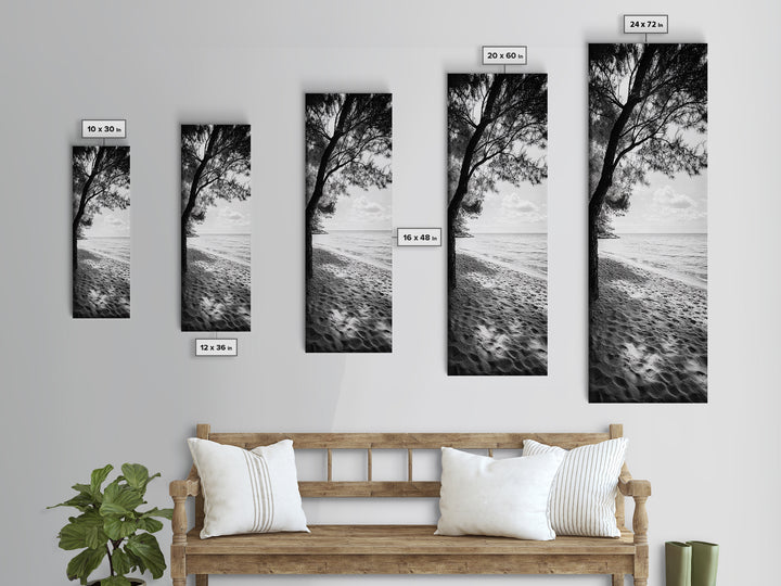 Coastal Tree Shade, Beach Sand Path, Seaside Serenity, Nature Retreat, Framed Canvas Print, Bathroom Wall Art, Neutral Tones, Calm Ocean Art