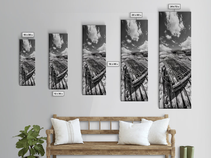 Weathered Trap, Lobster Fishing, Coastal Netting, Ocean Life, Rustic Seaside Framed Canvas Print, Beach House Nautical Wall Art