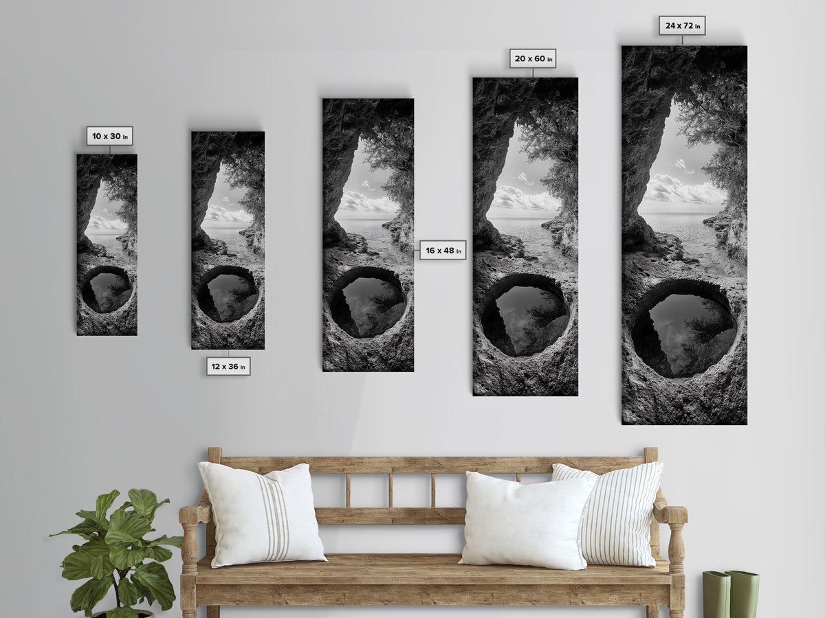 Ocean Cave, Coastal View, Natural Tide Pool, Canvas Print, Bathroom Wall Art, Seaside Decor, Minimalist Landscape, Black and White Art
