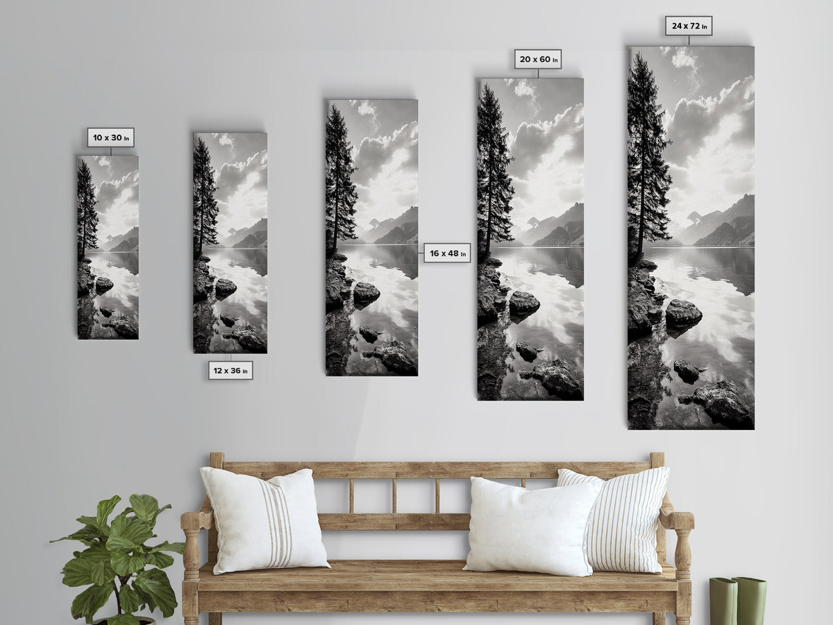 Mountain Lake Peace, Still Water View, Nature Escape, Framed Canvas Print, Living Room Wall Art, Nordic Cabin Decor, Minimal Landscape