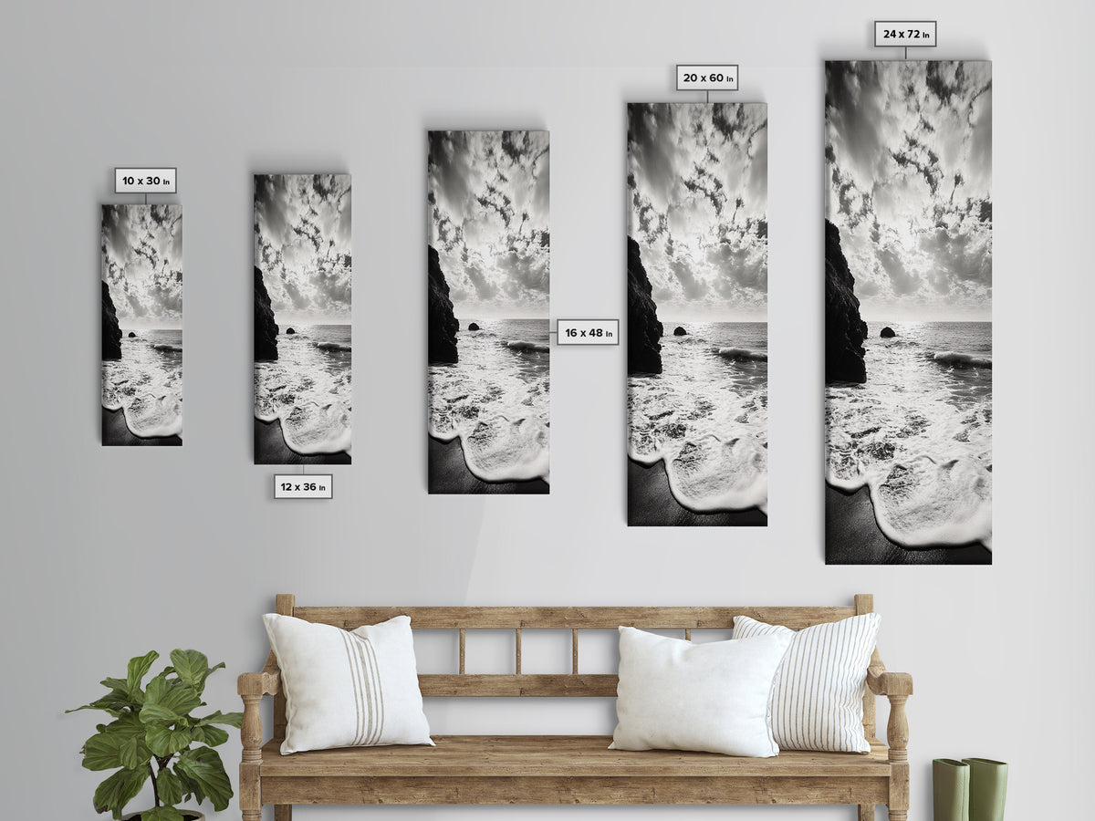 Ocean Sunset Foam, Coastal Waves Print, Seascape Minimalist, Fall Bathroom Decor, Canvas Print, Black White Beach Photography
