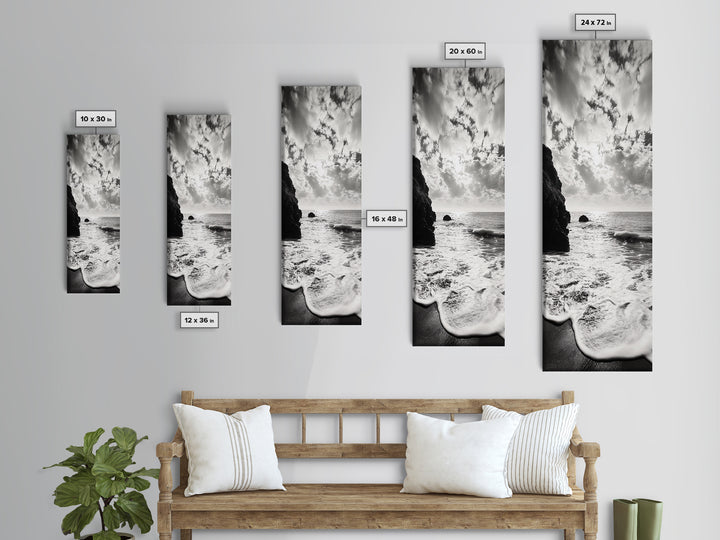 Ocean Sunset Foam, Coastal Waves Print, Seascape Minimalist, Fall Bathroom Decor, Canvas Print, Black White Beach Photography