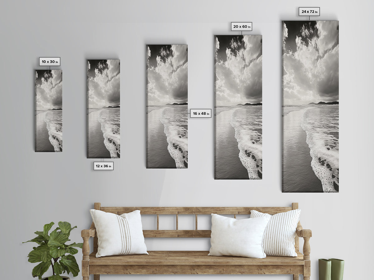 Beach Horizon, Ocean Calm, Foamy Shore, Black White Coastal Art, Canvas Print, Bathroom Decor, Peaceful Coastal Minimalist Style
