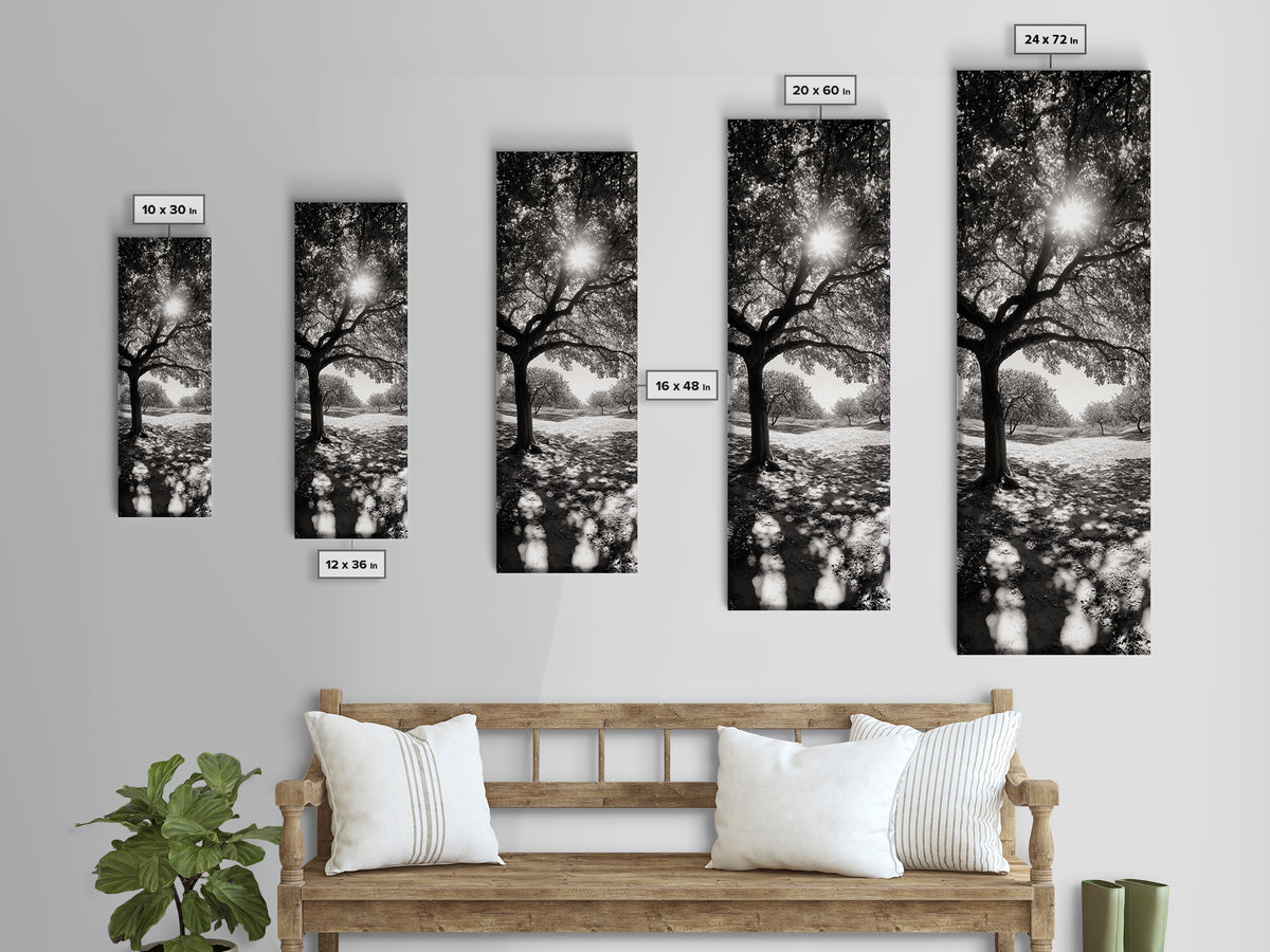Sunlight Tree, Autumn Glow, Nature Shadowplay, Black White Forest Scene, Canvas Print, Fall Living Room Art, Boho Earthy Wall Decor