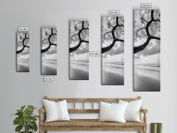Ocean Tree View, Beach Horizon, Minimal Branches, Framed Canvas Print, Coastal Living Room Art, Neutral Decor, Zen Nature Photography