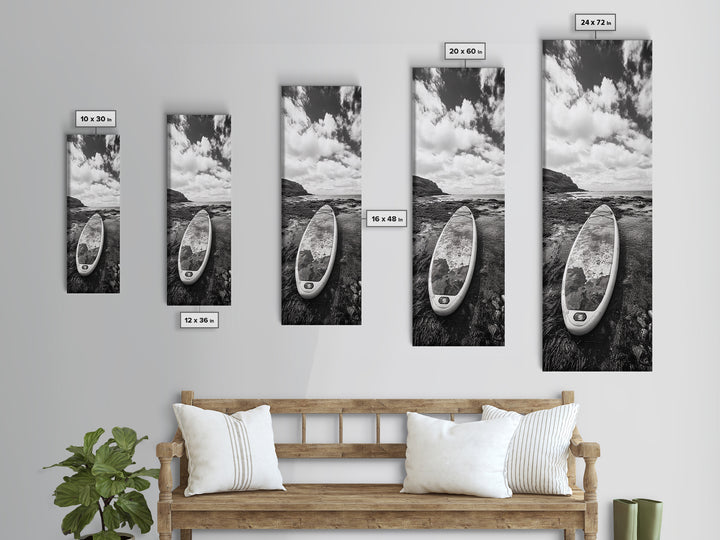 Surfboard Still, Rocky Shore, Beach Vibes, Framed Canvas Print, Coastal Bathroom Wall Art, Minimalist Beach Decor, Summer Style