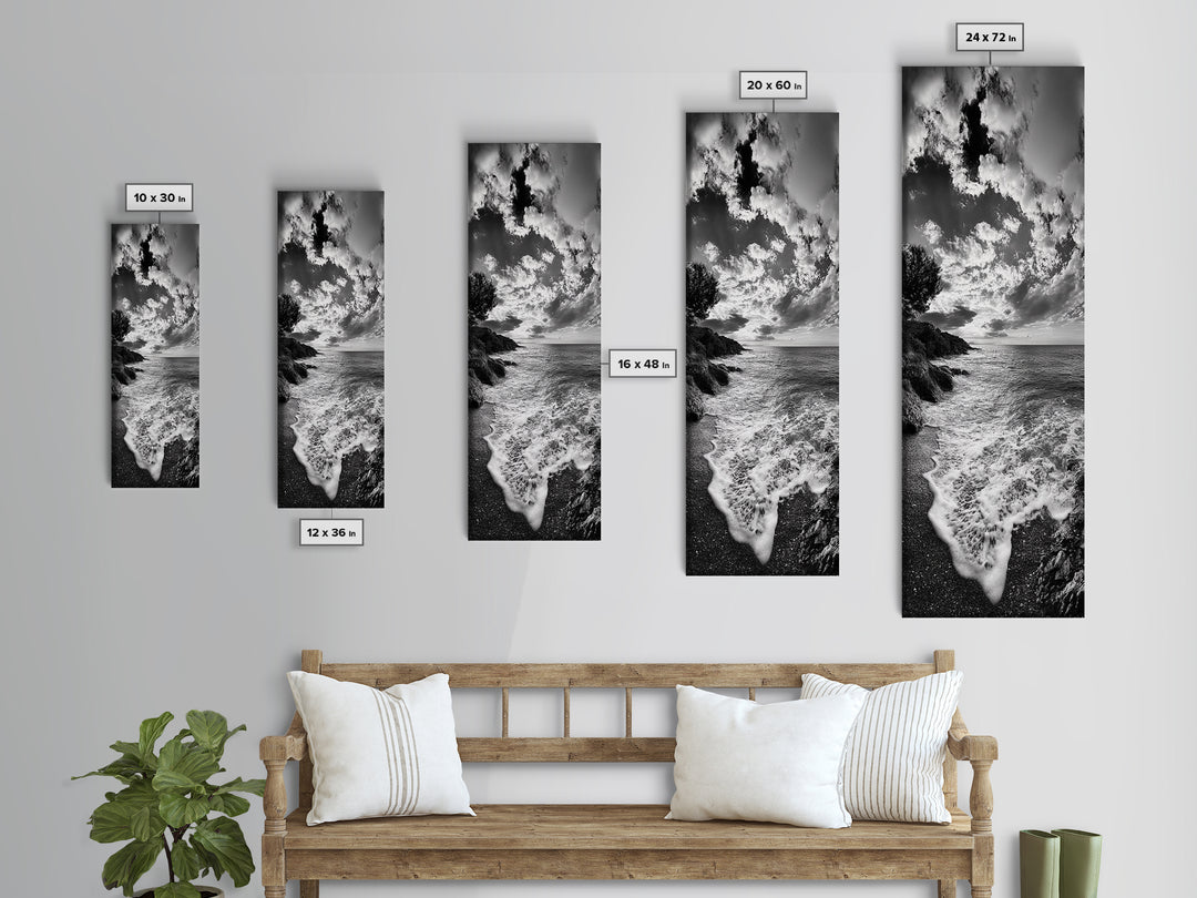 Rocky Coastline, Ocean Foam, Sunset Glow, Framed Canvas Print, Nautical Wall Art, Beach House Decor, Moody Seascape Photography