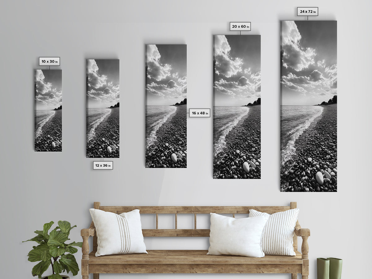 Pebble Beach, Gentle Waves, Coastal Calm, Framed Canvas Print, Minimalist Bathroom Wall Art, Nature Texture Decor, Seaside Zen, Office Wall Art