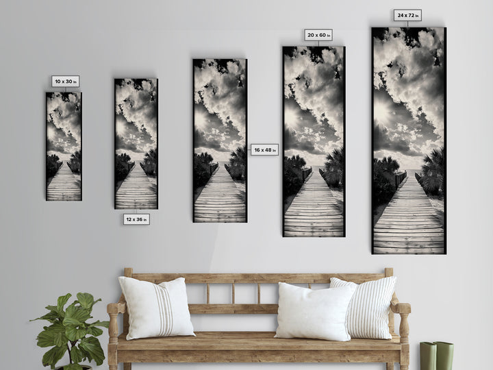 Boardwalk Path, Coastal Sunset, Palm Trees, Framed Canvas Print, Beach Walkway Wall Art, Entryway or Living Room Coastal Decor