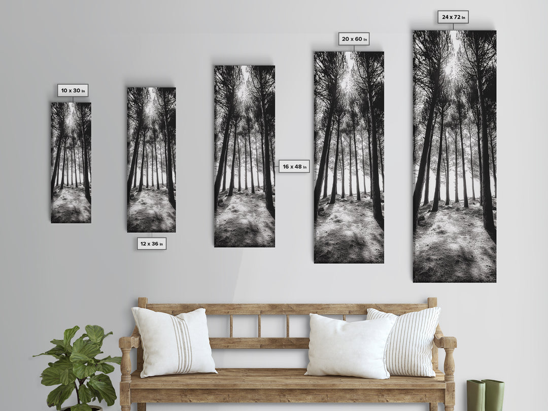Pine Forest Glow, Woodland Landscape, Monochrome Nature, Boho Style, Framed Canvas Print, Entryway Print, Living Room Wall Art, Game Room Art