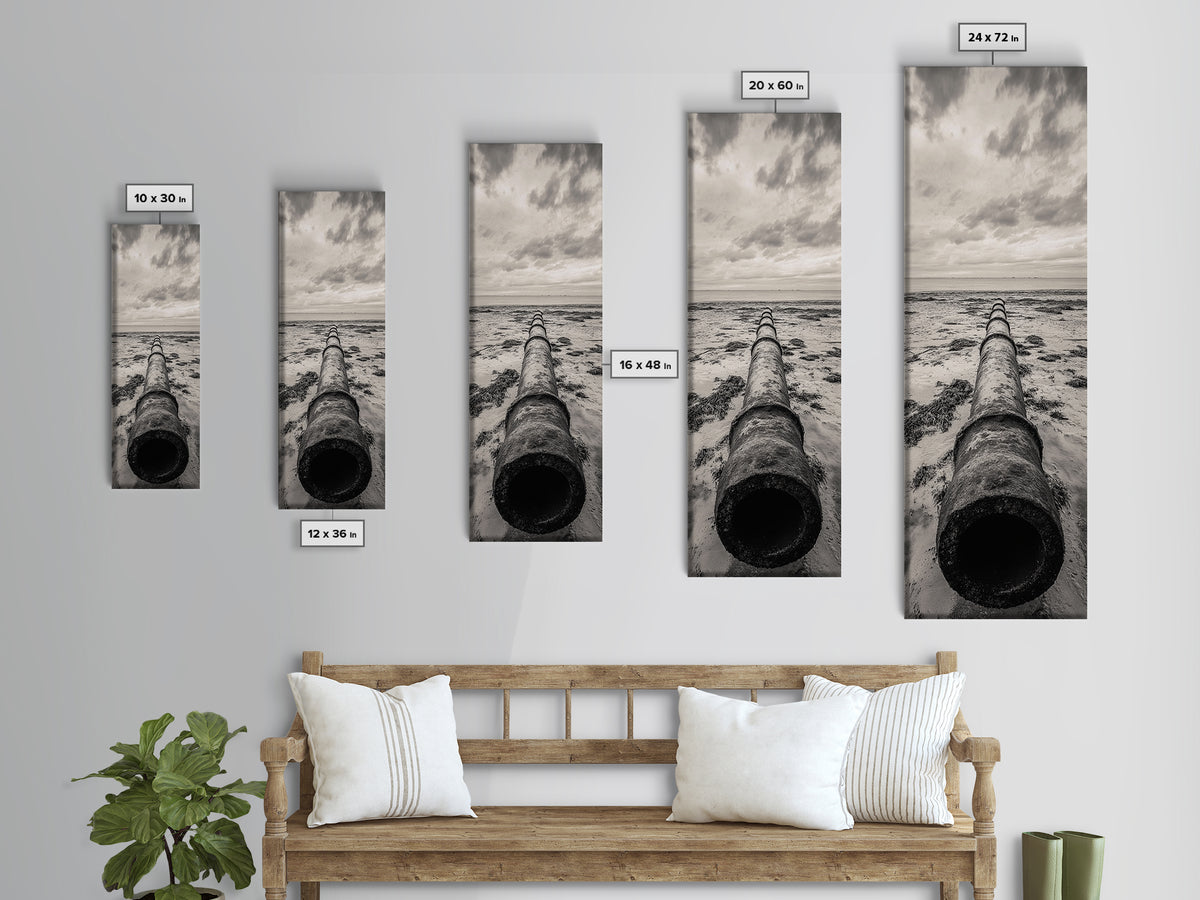 Rusted Pipe Beach, Industrial Coastal Vibe, Grunge Seascape, Framed Canvas Print, Urban Loft Art, Bathroom Wall Art, Office Wall Art